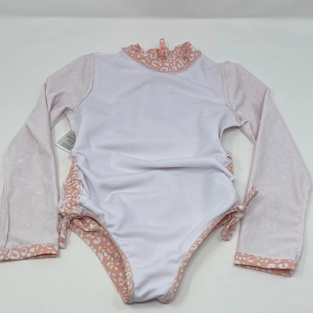 Tahari  Girls Pink Leopard Long Sleeve Rash guard Swimsuit Size 4